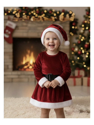Детска коледна плюшена рокля в червено с колан Каролин и коледна шапка