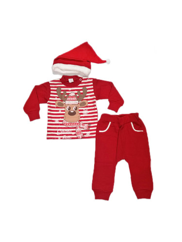 Коледен бебешки комплект в червено от 3 части с еленче