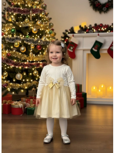 Детска коледна рокля в екрю с панделка в златисто