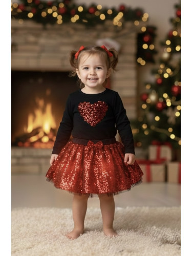 Комплект от 2 части-детска пола в червено с пайети и блузка с дълъг ръ