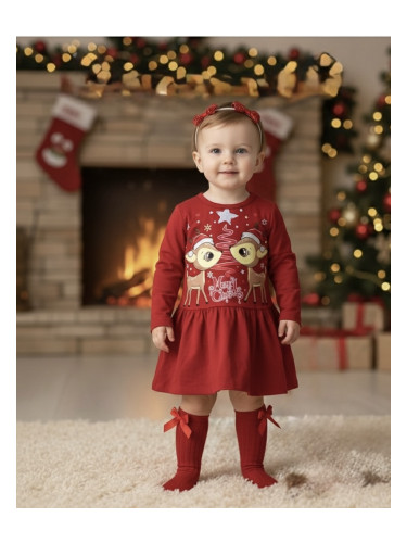 Леко ватирна коледна детска рокля с дълъг ръкав със сърнички