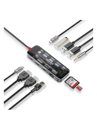Хъб ProMate, TRANSHUB-PRO, 11-in-1, Transparent, USB-C Hub с 100W PD Passthrough Port, 4K@60Hz HDMI, Display Port, RJ45 Port, Прозрачен