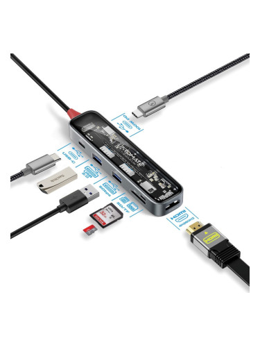 Хъб ProMate TRANSHUB-LITE  7-in-1 Transparent USB-C Hub with 100W PD Passthrough Port, 4K@60Hz HDMI, USB-A 3.0, USB-A 2.0, USB-