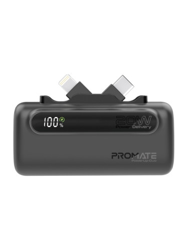 Външна батерия ProMate, PowerUp-Duo.Black 5000mAh Mini Power Bank, 20W USB-C In/Out and Lightning folding Connectors, 20W USB-C In/Out Port, LED Battery Display - Черна