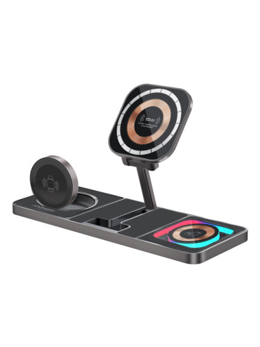 Зарядна станция ProMate, AuraSlate-Trio 3-in-1 Slim Transparent Wireless Charging Station w/ 15W MagSafe Charger, 3W Apple Watch Charger and 5W Wireless Charger w/ RGB lighting