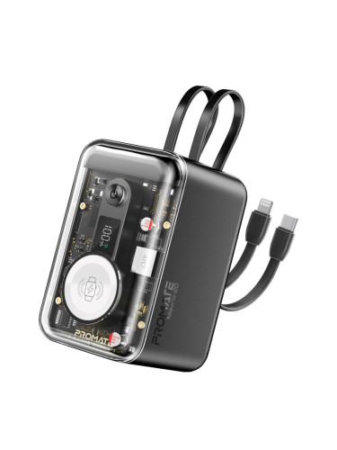 Външна батерия ProMate,   Mavrix-20.Black 20000mAh Transparent Power bank w/ built-in USB-C and Lightning Cable, 18W USB-A, 65WPD USB-C Input/Output ,
3W Apple Watch Charger, LED Display 21700 EV battery, 5000/4 - Черна