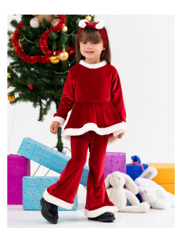 Коледен комплект за момиче в червено с панталони тип чарлстон и аксесо
