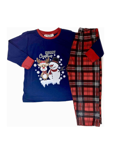 Коледна детска пижама в синьо с дълъг ръкав елен и снежен човек