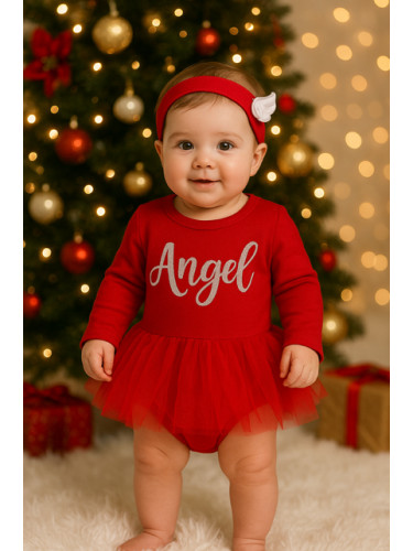 Бебешко коледно боди-рокля за момиче с дълъг ръкав в червено с богат т