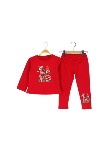Коледен детски ватиран комплект от блуза в червено с коледна картинка 