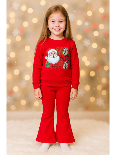 Коледен комплект за момиче от ватирана блуза в червено с коледна карти