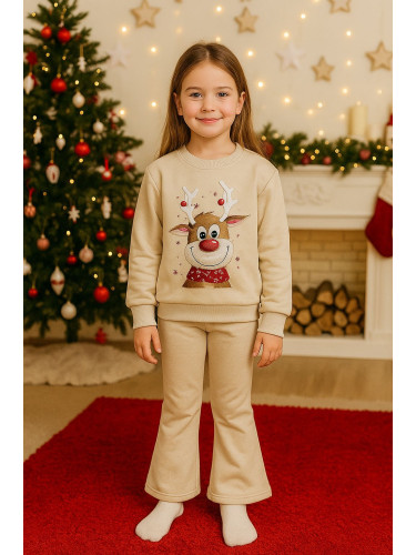 Коледен комплект за момиче от ватирана блуза в бежово с коледна картин