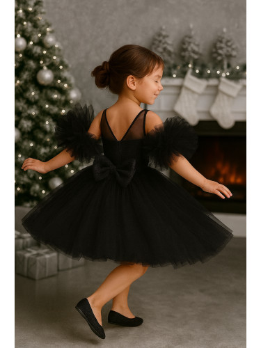Детска официална рокля Блян с тюл, с пайети, помпони в черно и панделк