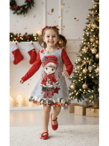 Коледна детска неватирана рокля с дълъг ръкав с картинка на момиченце 