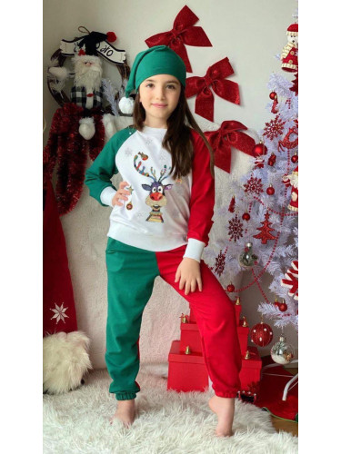 Коледен комплект за момиче от блуза в бяло с елен, панталонки в червен
