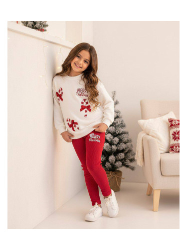Коледен комплект за момиче от блуза в бяло с коледни мотиви и панделки