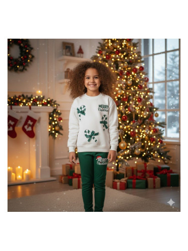 Коледен комплект за момиче от блуза в бяло с коледни мотиви и панделки