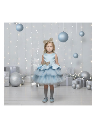 Коледна детска рокля в светлосиньо с тюл и панделка в златисто Светлос