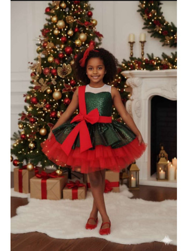 Коледна детска рокля с пайети в зелено с голяма панделка и тюл в черве