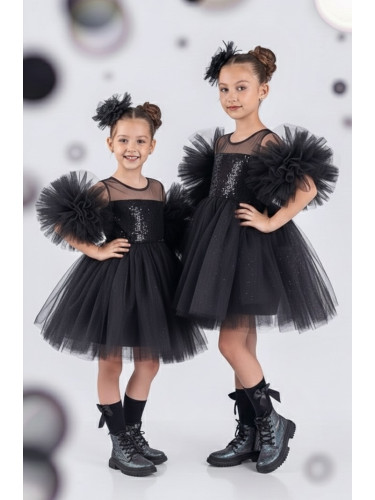 Детска официална рокля Блян с тюл и с пайети, помпони в черно и пандел