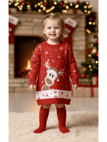 Коледна детска рокля с еленче от плетиво в червено