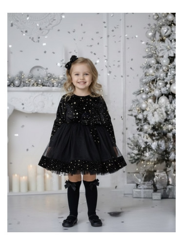 Детска рокля от плюш със звездички в златисто и тюл в черно с дълъг ръ