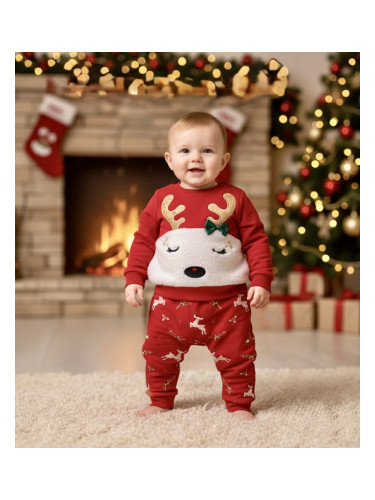 Коледен комплект от блузка с елен и панталони в червено с еленчета