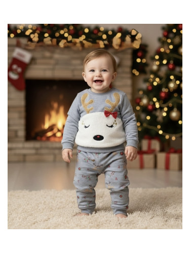 Коледен комплект от блуза с елен и панталони в сиво