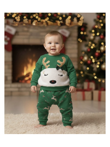 Коледен комплект от блуза с елен и панталони в зелено