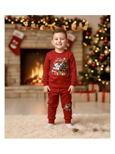Ватиран коледен комплект в червено с картинка на Дядо Коледа с елха и 