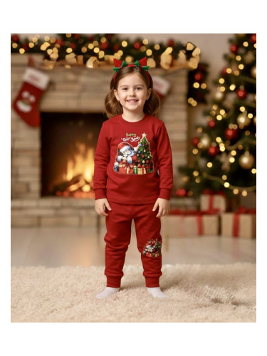Ватиран коледен комплект в червено с картинка на Дядо Коледа с елха и 