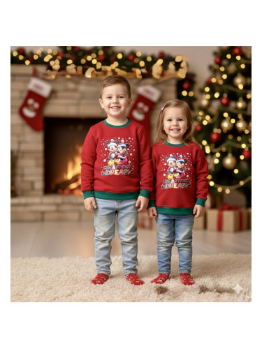 Коледна ватирана блуза за момиче в червено с дълъг ръкав с коледни мот
