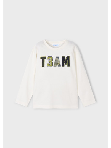 Детска блуза в бял цвят с ефектна щампа и надпис Mayoral