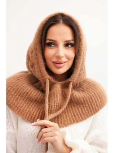Polski Women's hooded cap with ties and braid weave dark camel