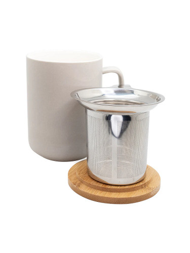 Керамична чаша за чай Nerthus със стоманен филтър и бамбуков капак (375 мл) - сива
