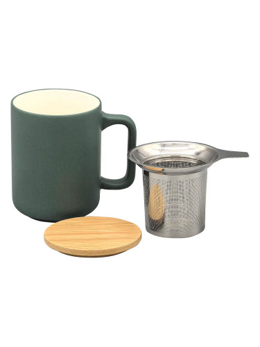 Керамична чаша за чай Nerthus със стоманен филтър и бамбуков капак (375 мл) - зелена