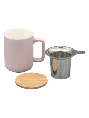Керамична чаша за чай Nerthus със стоманен филтър и бамбуков капак (375 мл) - розова