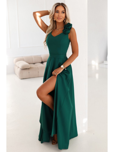 Елегантна макси рокля с цепка и рози - бутилково зелено
