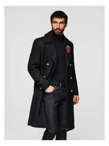 Ombre Men's double-breasted wool coat with decorative appliqués - black