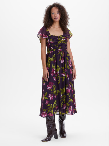 Лилава дамска миди рокля с флорален мотив