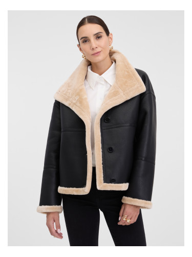 Дамско черно яке от изкуствена кожа с косъм