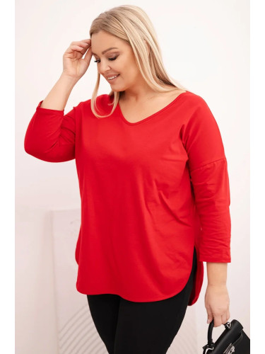 Kesi Women's cotton Plus Size blouse with a V-neck and rolled-up sleeves red