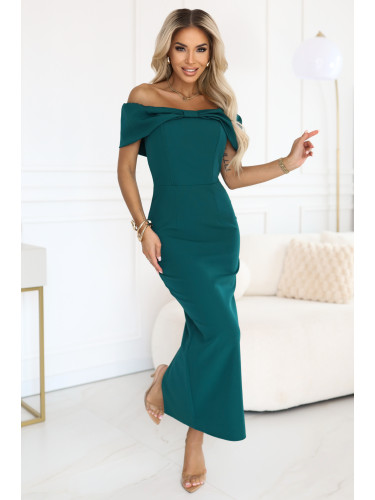 644-1 Sensual midi dress with a bow at the neckline - bottle green
