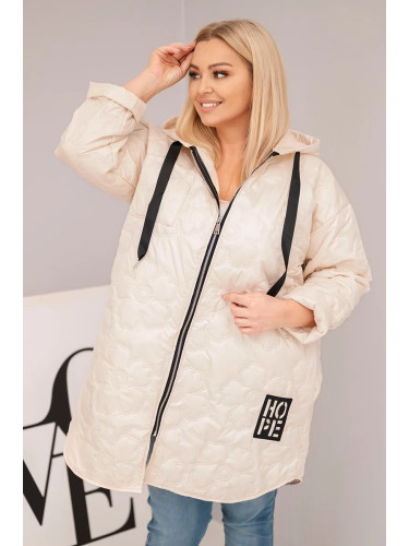 Kesi Włoski Plus Size women's quilted jacket with a hood and the inscription HOPE light beige