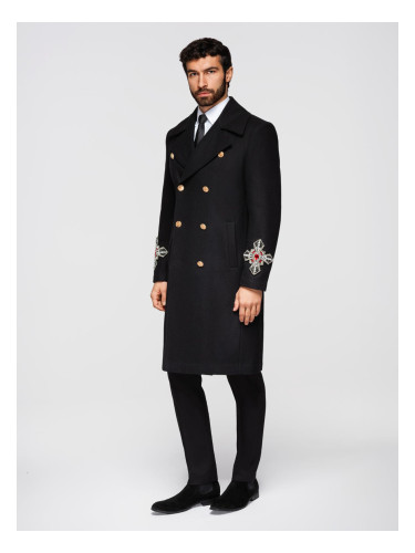 Ombre Men's double-breasted coat with wool and bead appliqués on sleeves - black