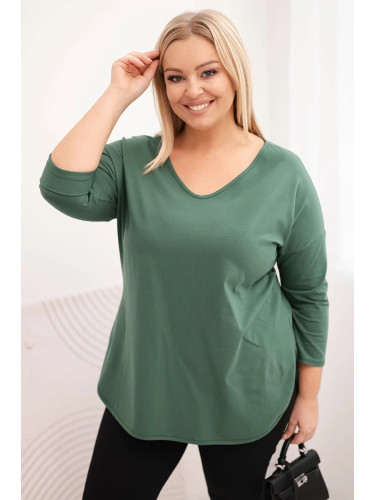 Kesi Plus Size women's cotton blouse with a V-neck and rolled sleeves dark khaki