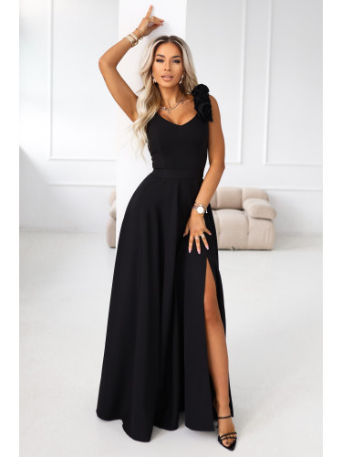 643-2 Elegant maxi evening dress with a slit and roses - classic black