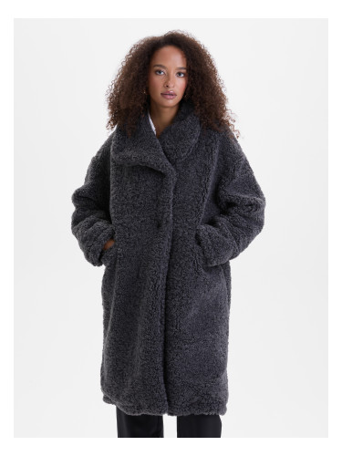 Тъмно сиво дамско палто от изкуствена кожа