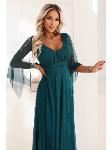 Дълга блестяща рокля с деколте - изумрудено сива