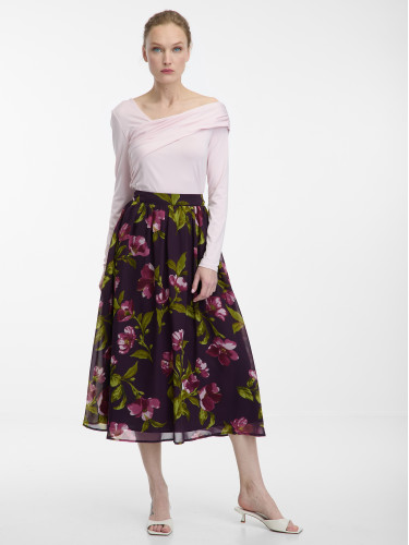 Лилава дамска миди пола с флорален мотив